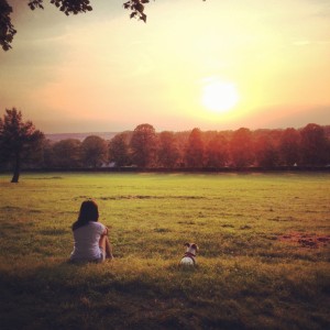Women with Jack Russell dog watching the sunset